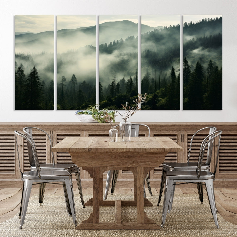 Captivating Misty Forest Wall ArtPremium Canvas Print for a Foggy and Serene Atmosphere