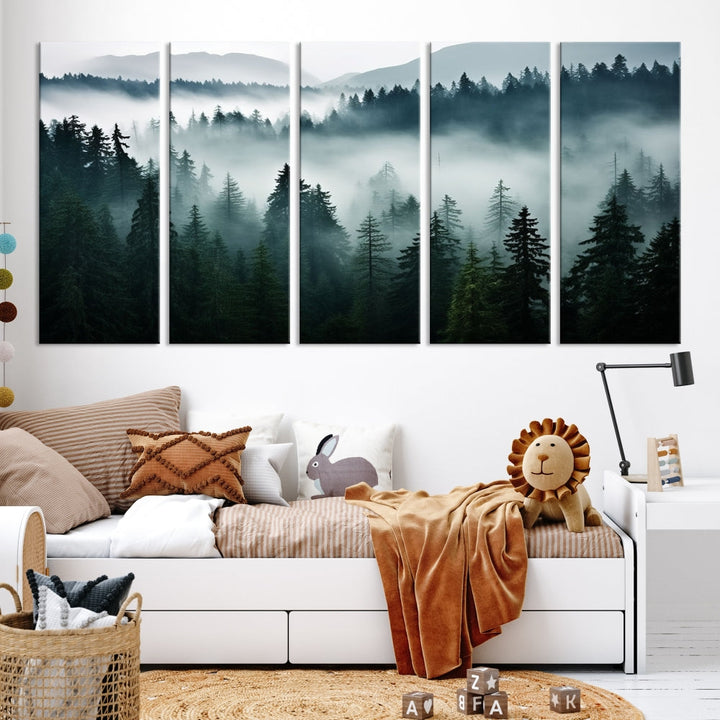 Captivating Misty Forest Wall ArtPremium Canvas Print for a Foggy and Serene Atmosphere