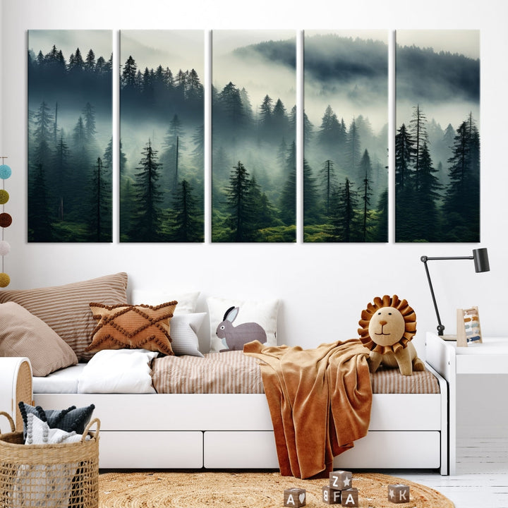 Captivating Misty Forest Wall ArtPremium Canvas Print for a Foggy and Serene Atmosphere