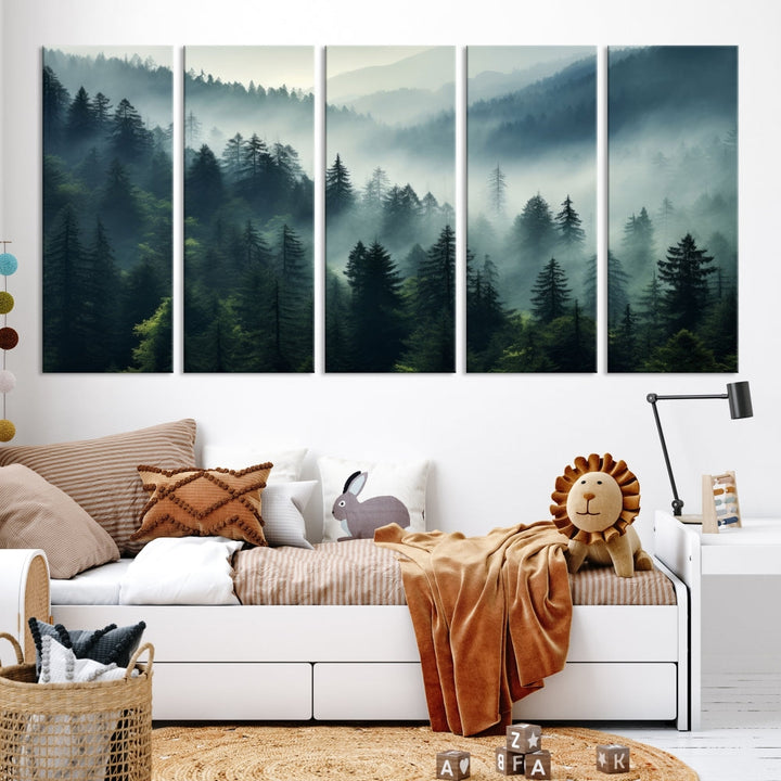 Captivating Misty Forest Wall ArtPremium Canvas Print for a Foggy and Serene Atmosphere