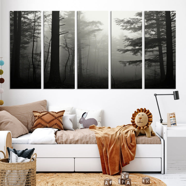 Captivating Misty Forest Wall ArtPremium Canvas Print for a Foggy and Serene Atmosphere