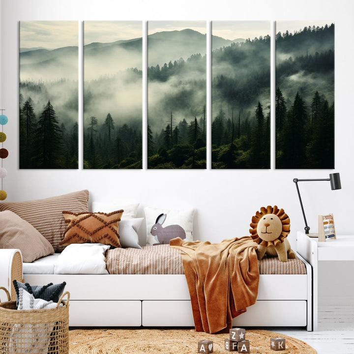 Captivating Misty Forest Wall ArtPremium Canvas Print for a Foggy and Serene Atmosphere