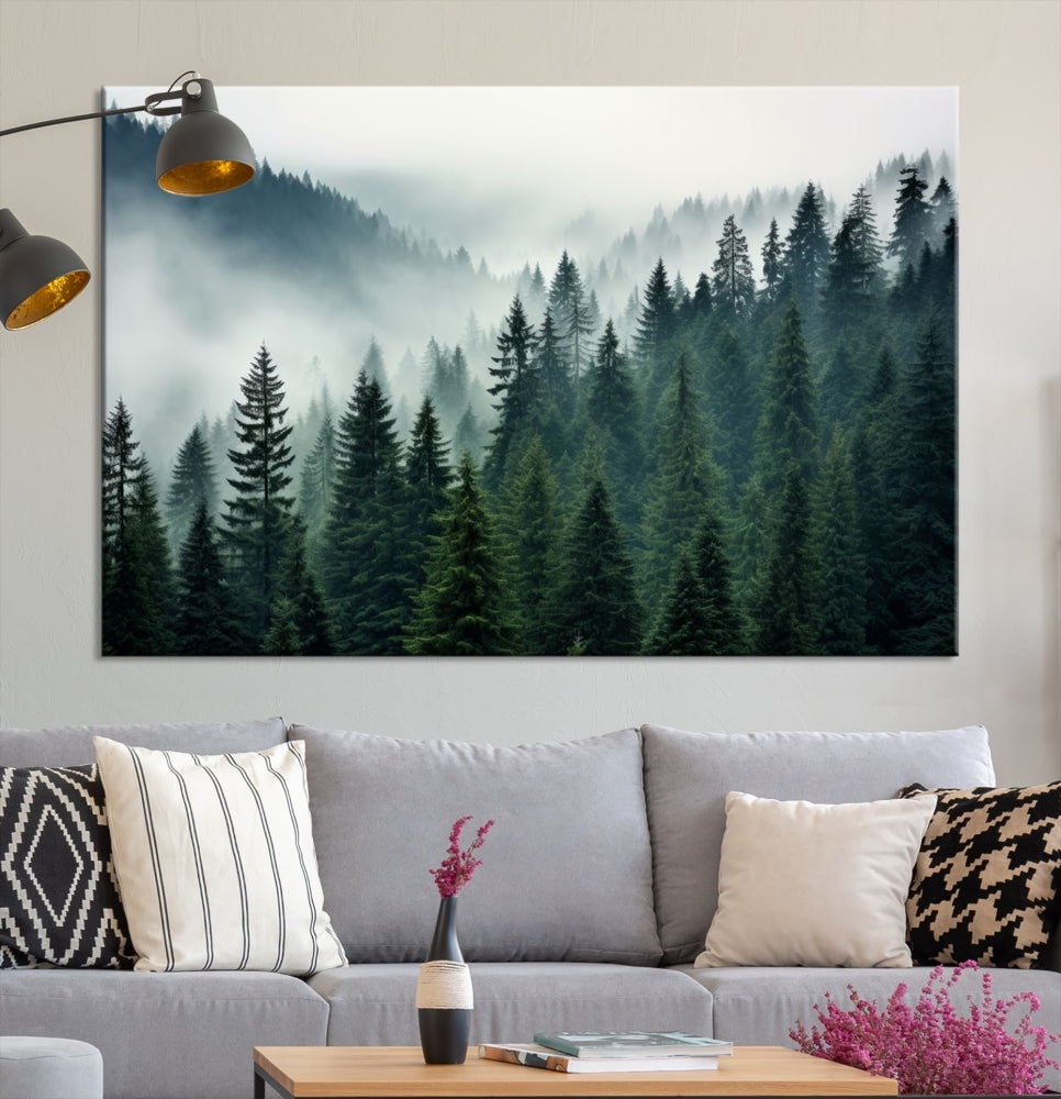 Captivating Misty Forest Wall ArtPremium Canvas Print for a Foggy and Serene Atmosphere