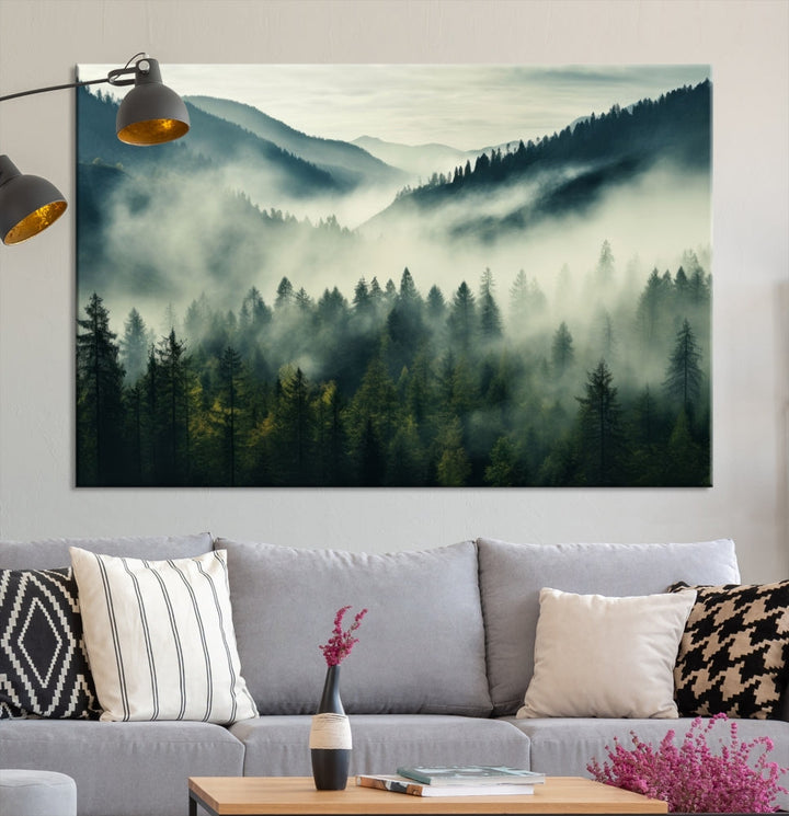 Captivating Misty Forest Wall ArtPremium Canvas Print for a Foggy and Serene Atmosphere