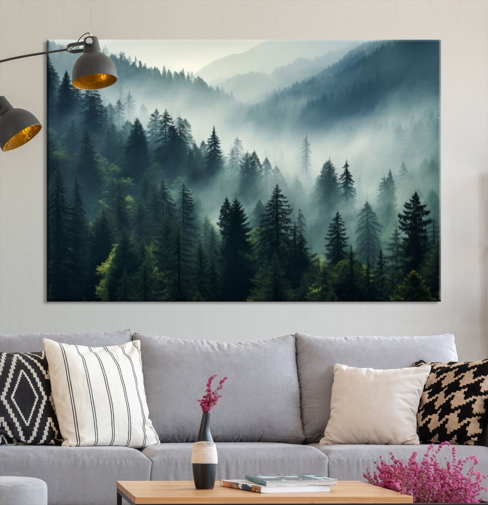 Captivating Misty Forest Wall ArtPremium Canvas Print for a Foggy and Serene Atmosphere