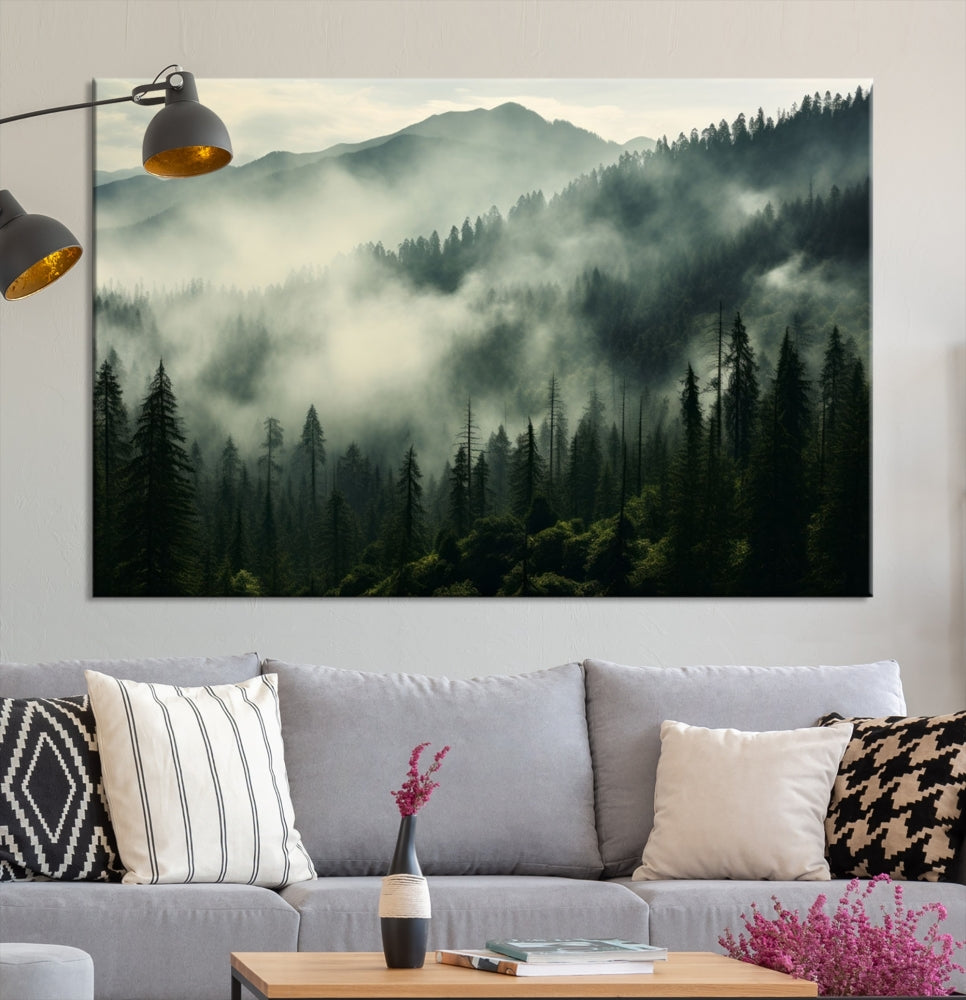 Captivating Misty Forest Wall ArtPremium Canvas Print for a Foggy and Serene Atmosphere