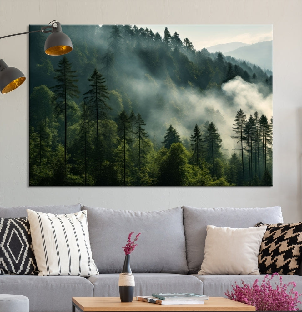 Captivating Misty Forest Wall ArtPremium Canvas Print for a Foggy and Serene Atmosphere