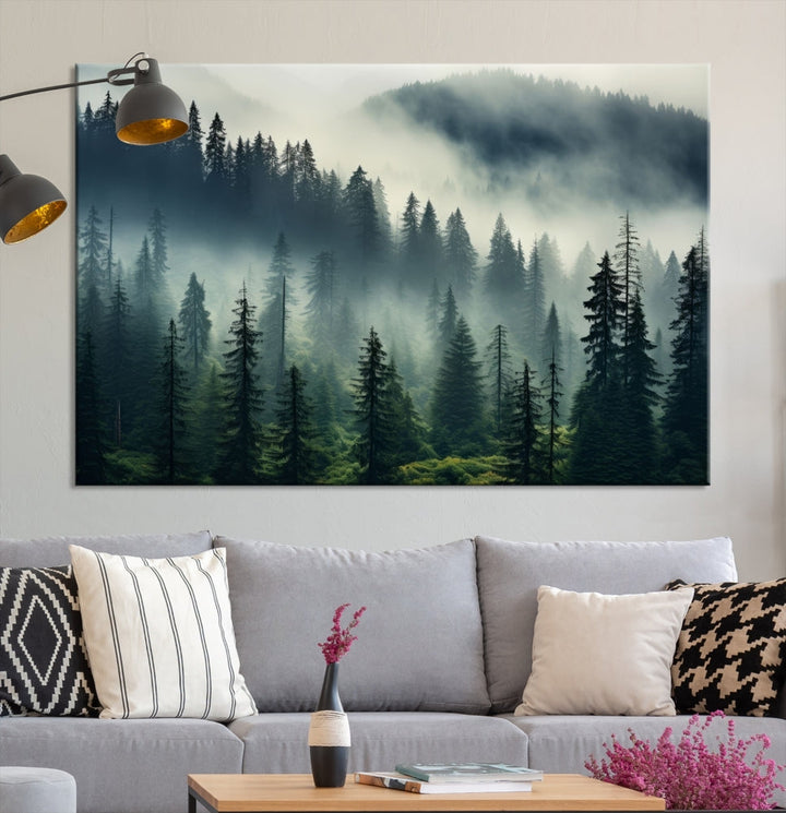 Captivating Misty Forest Wall ArtPremium Canvas Print for a Foggy and Serene Atmosphere