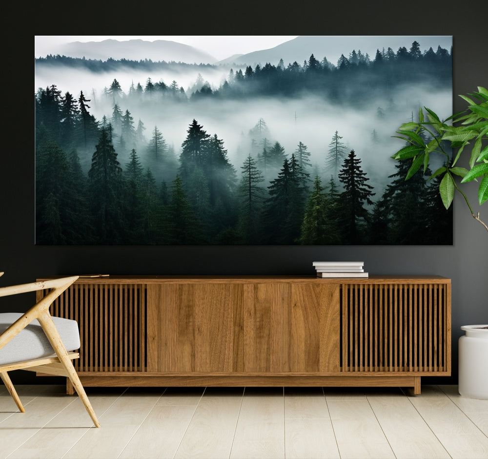 Captivating Misty Forest Wall ArtPremium Canvas Print for a Foggy and Serene Atmosphere