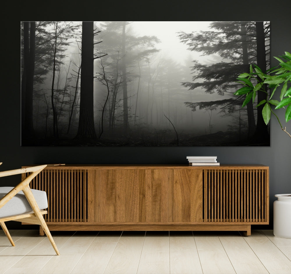 Captivating Misty Forest Wall ArtPremium Canvas Print for a Foggy and Serene Atmosphere