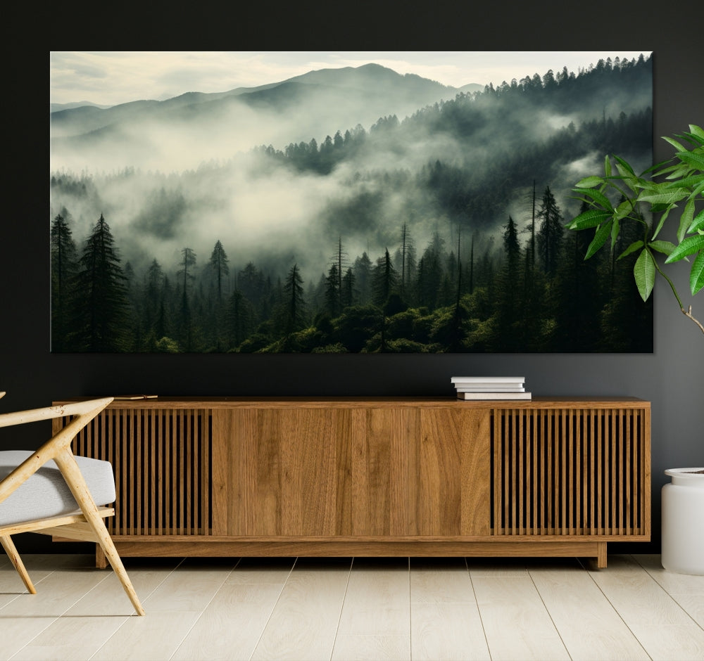 Captivating Misty Forest Wall ArtPremium Canvas Print for a Foggy and Serene Atmosphere