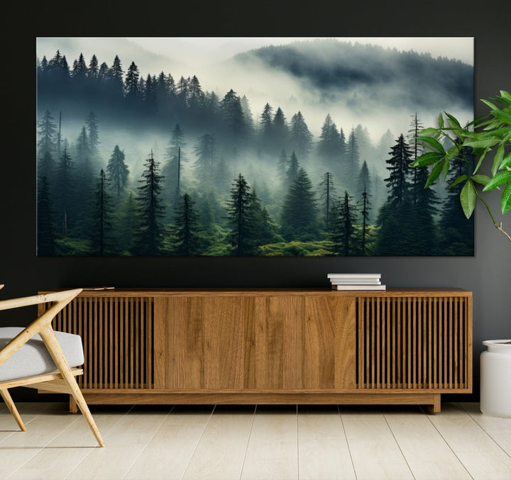 Captivating Misty Forest Wall ArtPremium Canvas Print for a Foggy and Serene Atmosphere