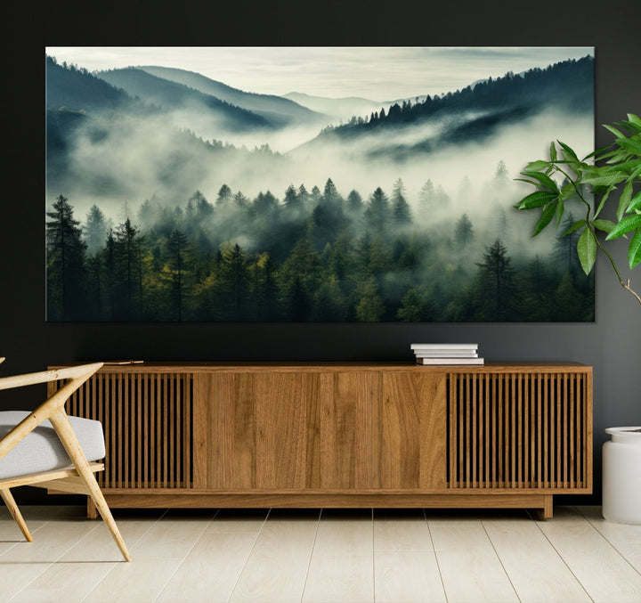 Captivating Misty Forest Wall ArtPremium Canvas Print for a Foggy and Serene Atmosphere