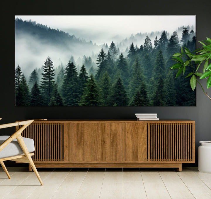 Captivating Misty Forest Wall ArtPremium Canvas Print for a Foggy and Serene Atmosphere