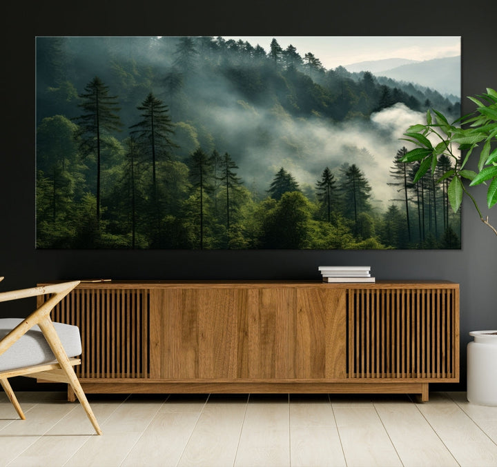 Captivating Misty Forest Wall ArtPremium Canvas Print for a Foggy and Serene Atmosphere