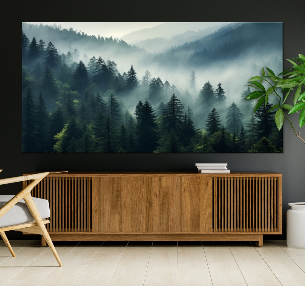 Captivating Misty Forest Wall ArtPremium Canvas Print for a Foggy and Serene Atmosphere