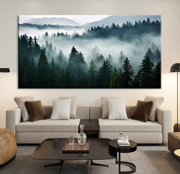 Captivating Misty Forest Wall ArtPremium Canvas Print for a Foggy and Serene Atmosphere