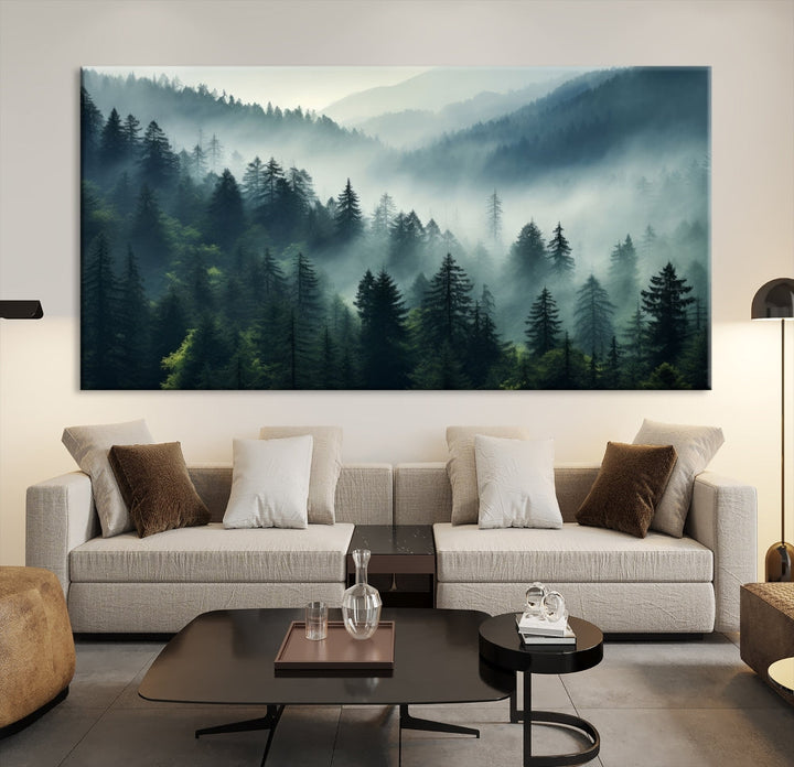 Captivating Misty Forest Wall ArtPremium Canvas Print for a Foggy and Serene Atmosphere