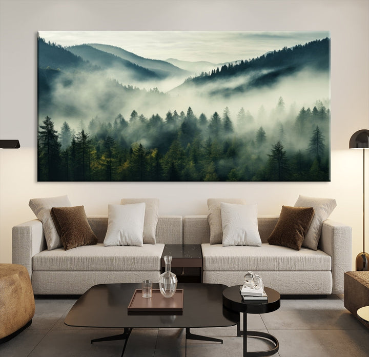 Captivating Misty Forest Wall ArtPremium Canvas Print for a Foggy and Serene Atmosphere