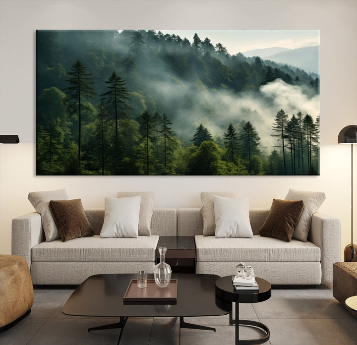 Captivating Misty Forest Wall ArtPremium Canvas Print for a Foggy and Serene Atmosphere