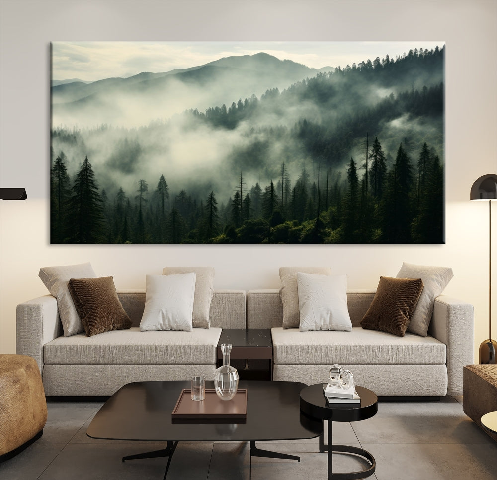 Captivating Misty Forest Wall ArtPremium Canvas Print for a Foggy and Serene Atmosphere