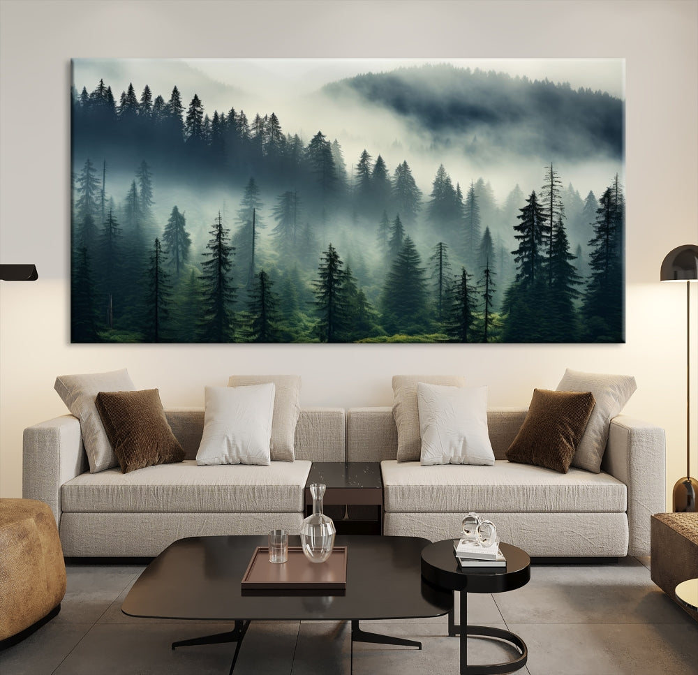 Captivating Misty Forest Wall ArtPremium Canvas Print for a Foggy and Serene Atmosphere