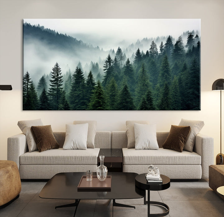 Captivating Misty Forest Wall ArtPremium Canvas Print for a Foggy and Serene Atmosphere