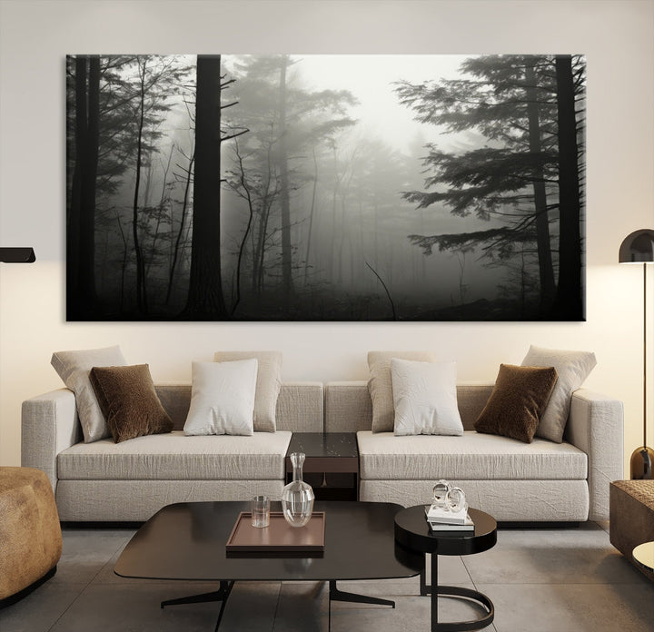 Captivating Misty Forest Wall ArtPremium Canvas Print for a Foggy and Serene Atmosphere