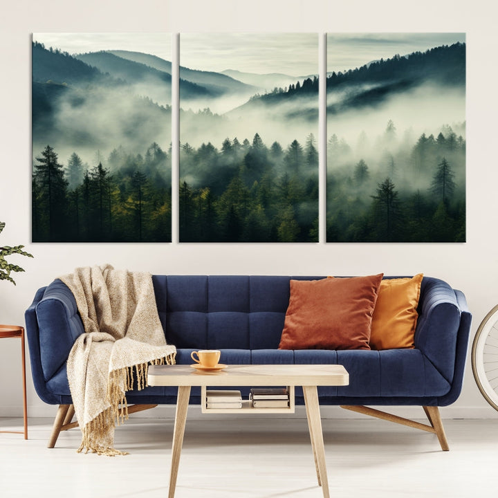 Captivating Misty Forest Wall ArtPremium Canvas Print for a Foggy and Serene Atmosphere