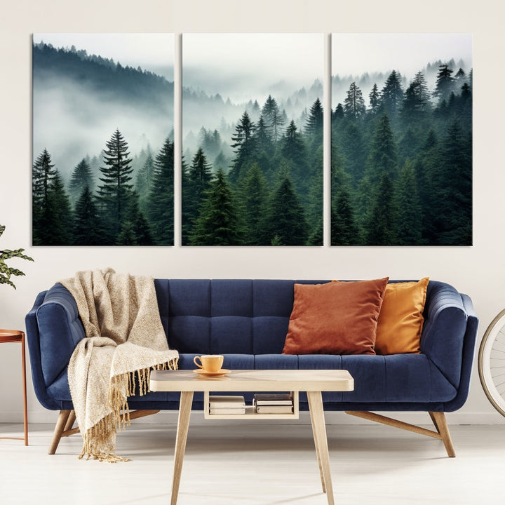 Captivating Misty Forest Wall ArtPremium Canvas Print for a Foggy and Serene Atmosphere