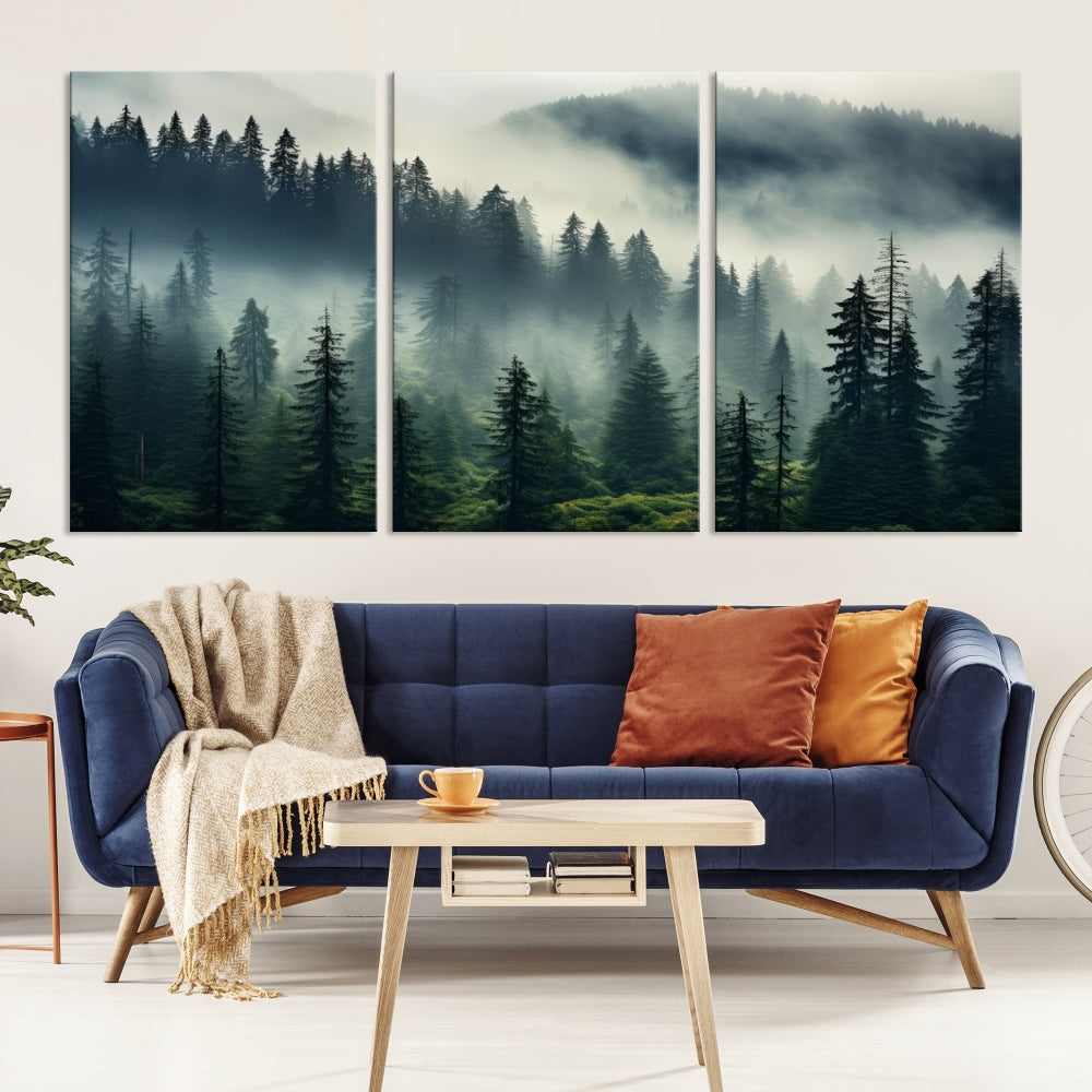 Captivating Misty Forest Wall ArtPremium Canvas Print for a Foggy and Serene Atmosphere