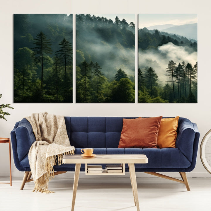 Captivating Misty Forest Wall ArtPremium Canvas Print for a Foggy and Serene Atmosphere