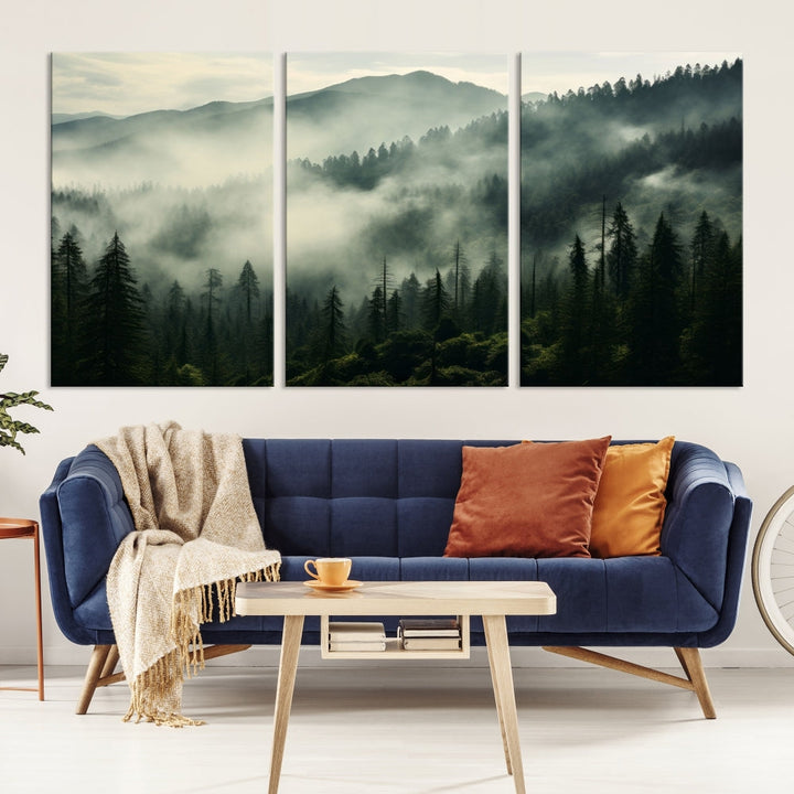 Captivating Misty Forest Wall ArtPremium Canvas Print for a Foggy and Serene Atmosphere