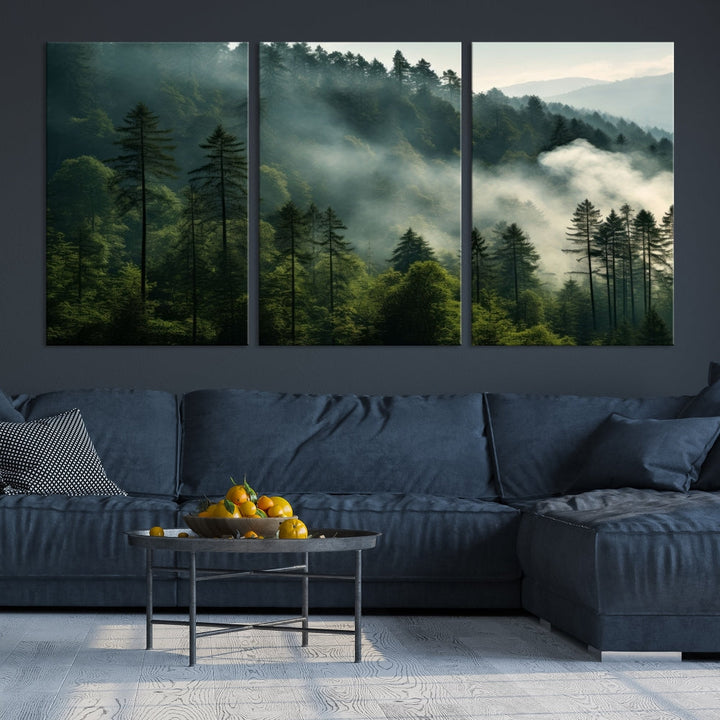 Captivating Misty Forest Wall ArtPremium Canvas Print for a Foggy and Serene Atmosphere