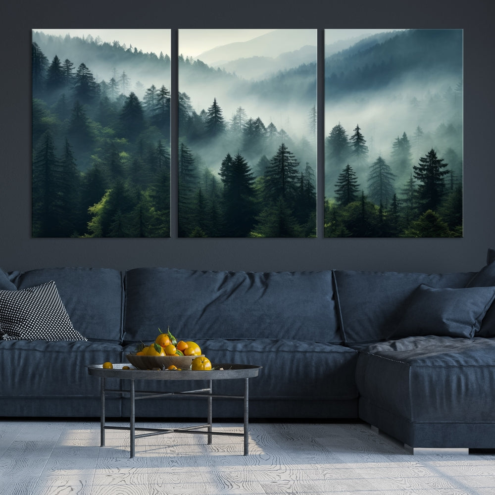 Captivating Misty Forest Wall ArtPremium Canvas Print for a Foggy and Serene Atmosphere