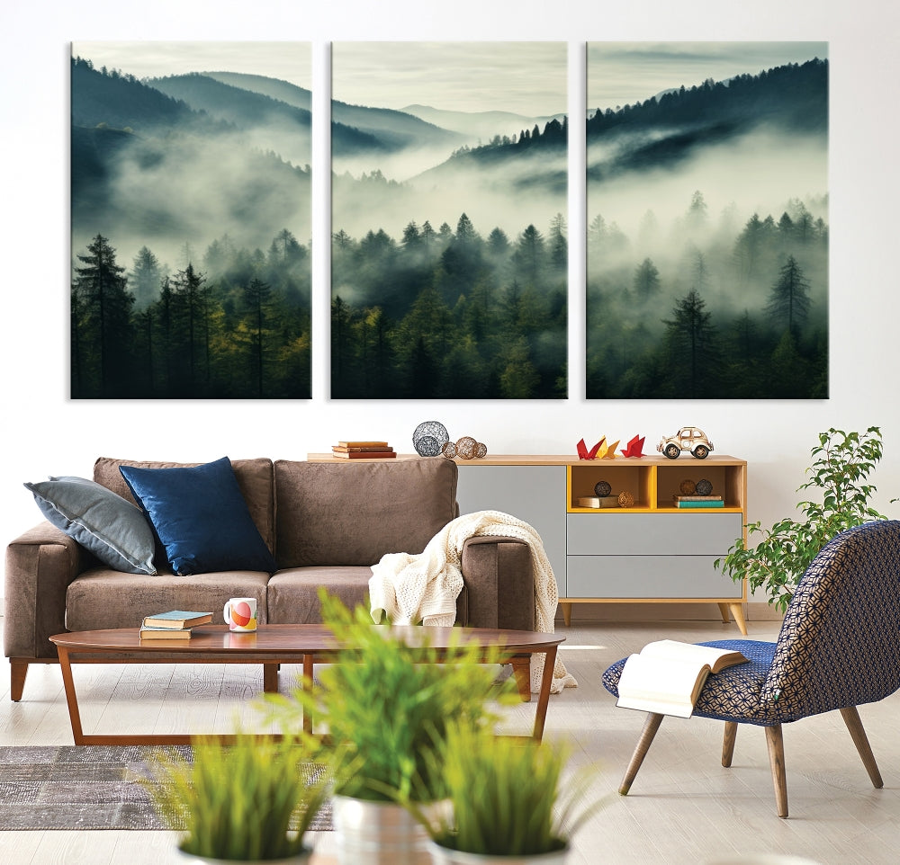 Captivating Misty Forest Wall ArtPremium Canvas Print for a Foggy and Serene Atmosphere