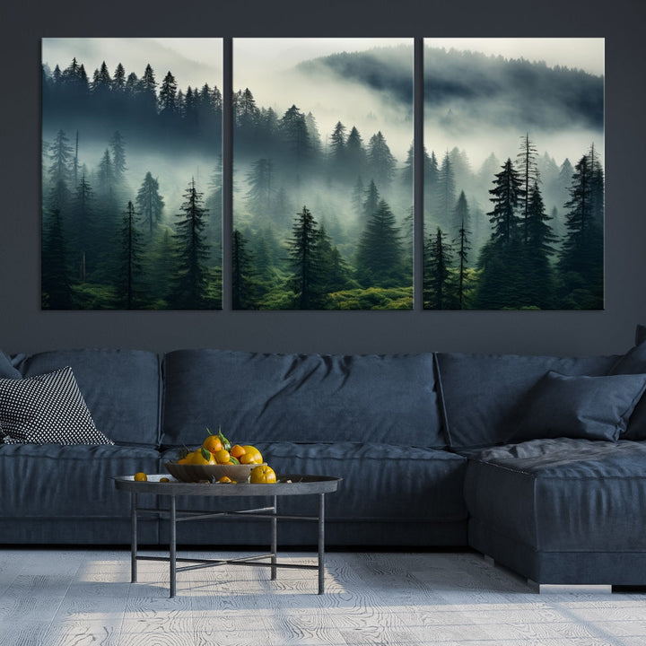 Captivating Misty Forest Wall ArtPremium Canvas Print for a Foggy and Serene Atmosphere