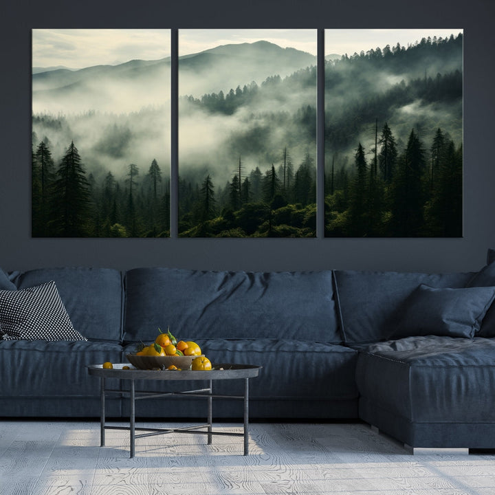 Captivating Misty Forest Wall ArtPremium Canvas Print for a Foggy and Serene Atmosphere