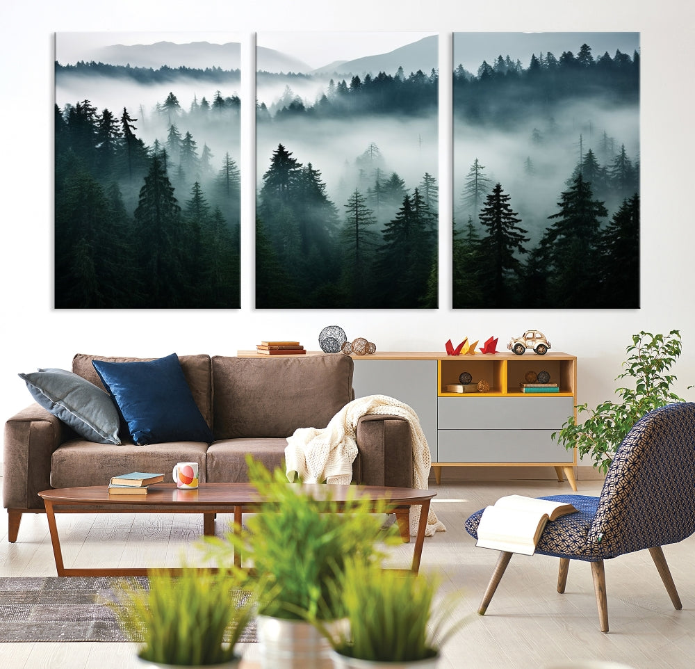 Captivating Misty Forest Wall ArtPremium Canvas Print for a Foggy and Serene Atmosphere