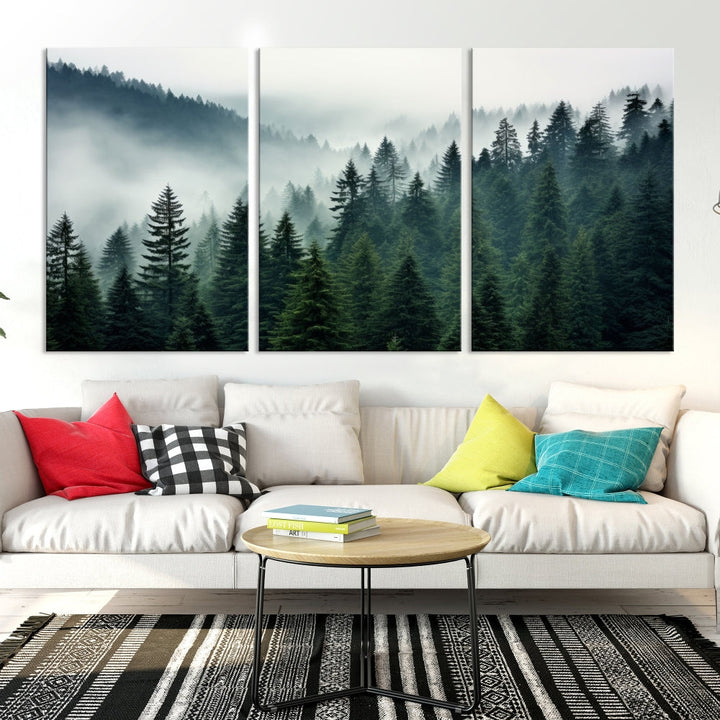 Captivating Misty Forest Wall ArtPremium Canvas Print for a Foggy and Serene Atmosphere