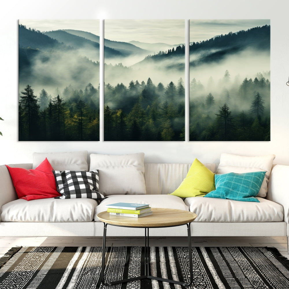 Captivating Misty Forest Wall ArtPremium Canvas Print for a Foggy and Serene Atmosphere