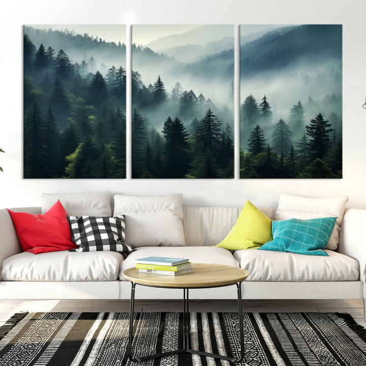 Captivating Misty Forest Wall ArtPremium Canvas Print for a Foggy and Serene Atmosphere