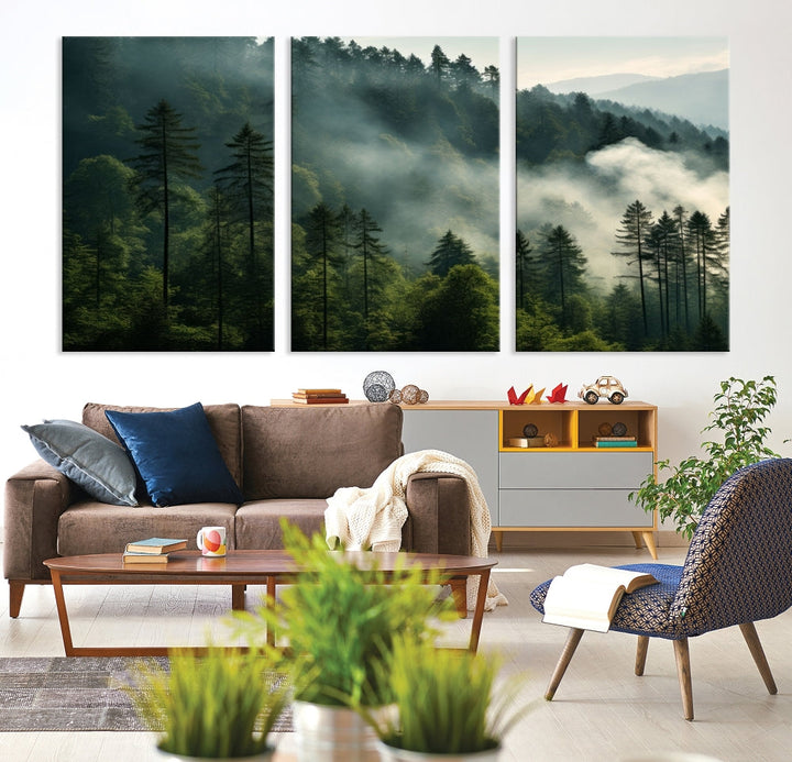 Captivating Misty Forest Wall ArtPremium Canvas Print for a Foggy and Serene Atmosphere