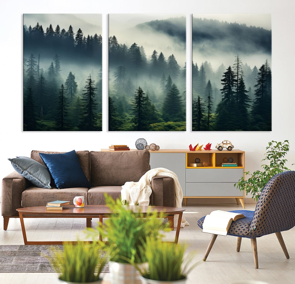 Captivating Misty Forest Wall ArtPremium Canvas Print for a Foggy and Serene Atmosphere