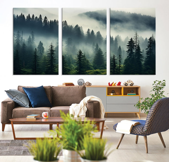 Captivating Misty Forest Wall ArtPremium Canvas Print for a Foggy and Serene Atmosphere