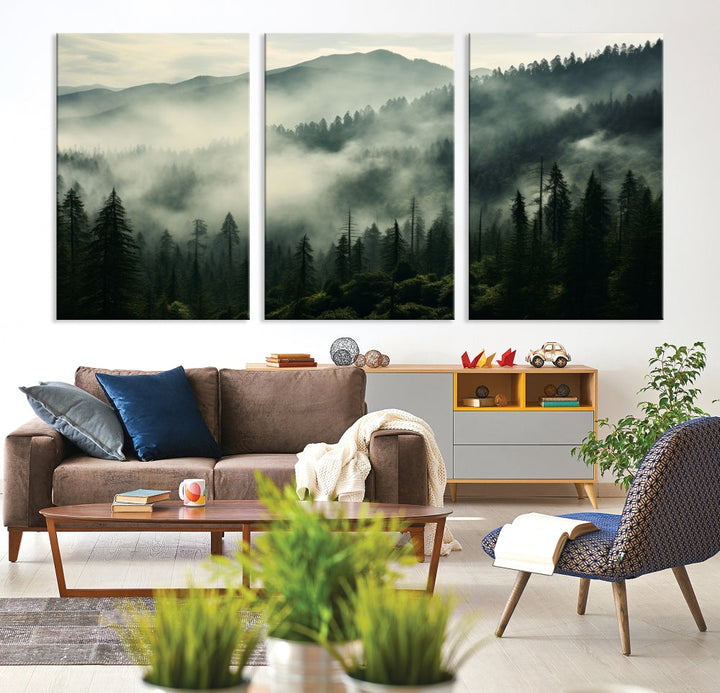 Captivating Misty Forest Wall ArtPremium Canvas Print for a Foggy and Serene Atmosphere