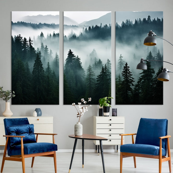 Captivating Misty Forest Wall ArtPremium Canvas Print for a Foggy and Serene Atmosphere