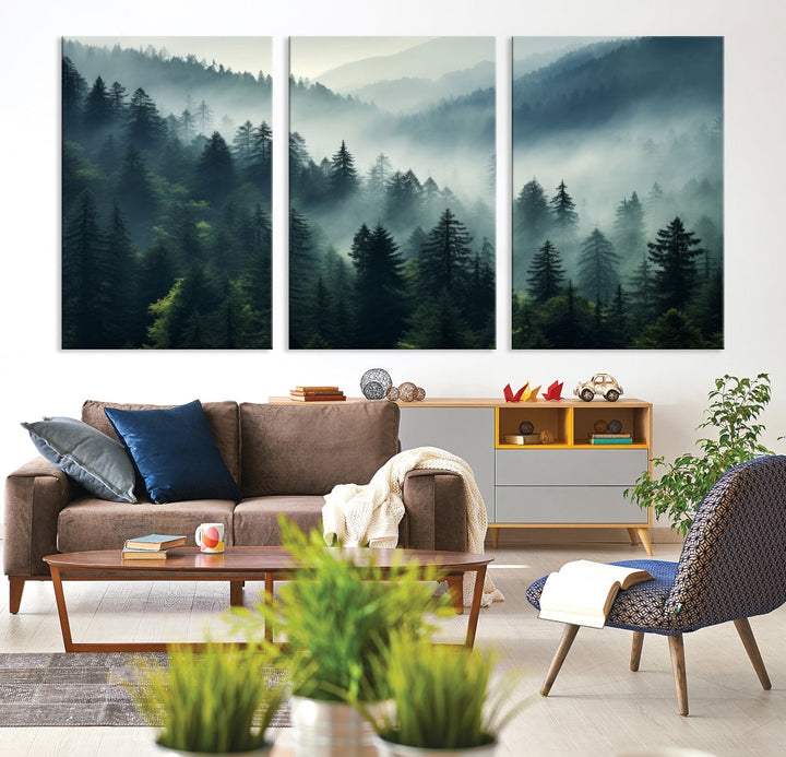 Captivating Misty Forest Wall ArtPremium Canvas Print for a Foggy and Serene Atmosphere