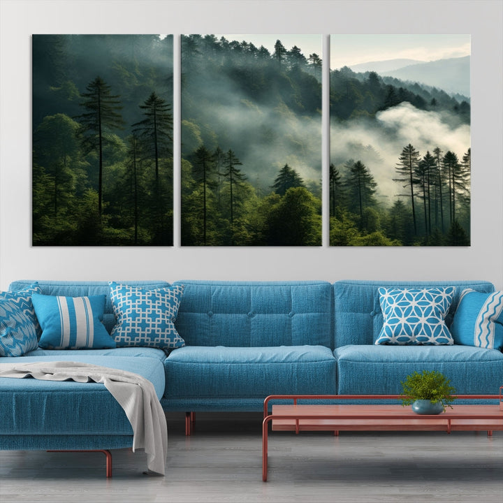 Captivating Misty Forest Wall ArtPremium Canvas Print for a Foggy and Serene Atmosphere