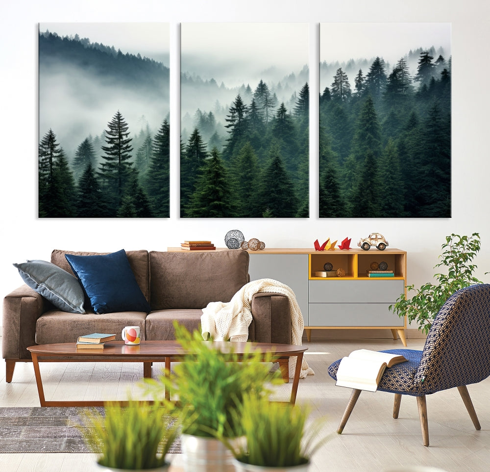 Captivating Misty Forest Wall ArtPremium Canvas Print for a Foggy and Serene Atmosphere